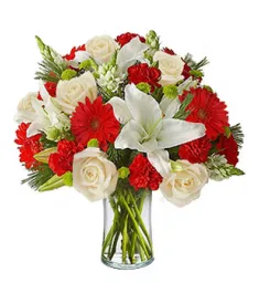 9 White Roses,6 Red Gerberas,2 White lilies & 9 Red Carnations