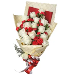 12 White roses with red color seasonal flower in bouquet to philippines