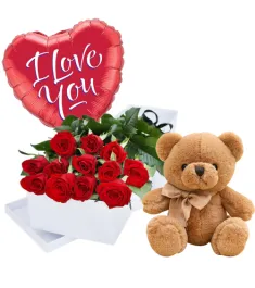 12 Red Roses Bouquet,Ferrero Chocolate Box w/ Bear Send to Philippines