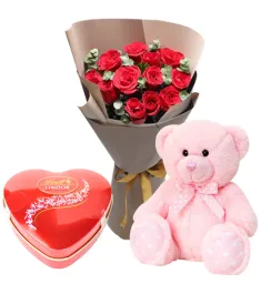 12 Red Roses Bouquet,Ferrero Chocolate Box with Bear Send to Philippines