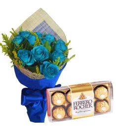 12 Blue Roses with Ferrero Rocher Box