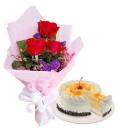 3 pcs Roses with Peach Mango Symphony Cake By Red Ribbon