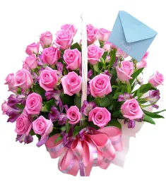 24 Pink Roses in Basket