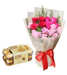 A Dozen of Mixed Roses with Ferrero Rocher Box