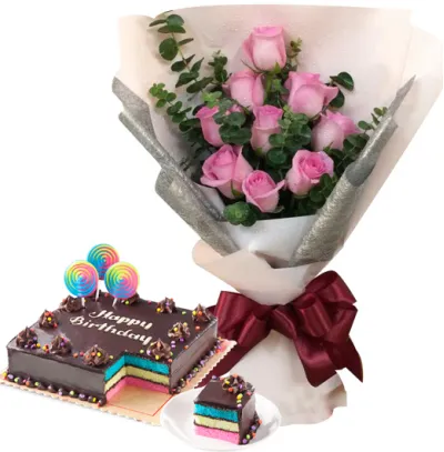 9 Pcs Pink Roses with Rainbow Dedication Cake By Red Ribbon